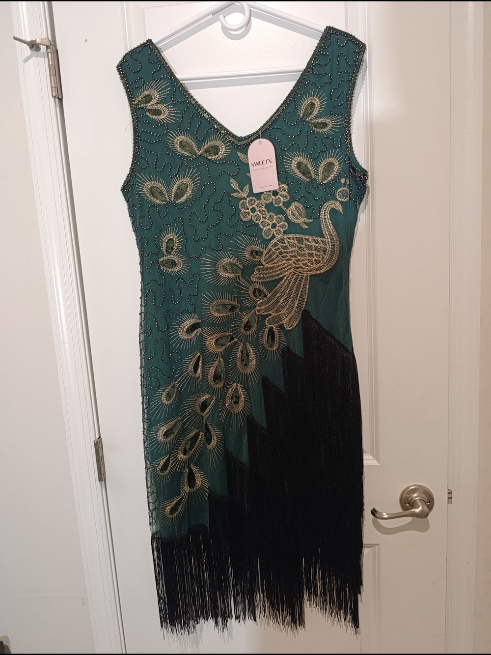 Green Beaded Peacock Fringe Midi Dress - Picture 2 of 2